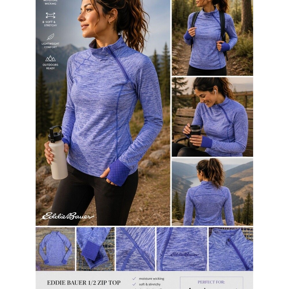 Eddie Bauer M Thumb Holes Mock Neck Purple Diagonal Zip Pullover Athleisure Act